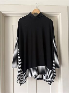 Women's Black Cowl Neck Tunic Sweater with Striped Sleeves